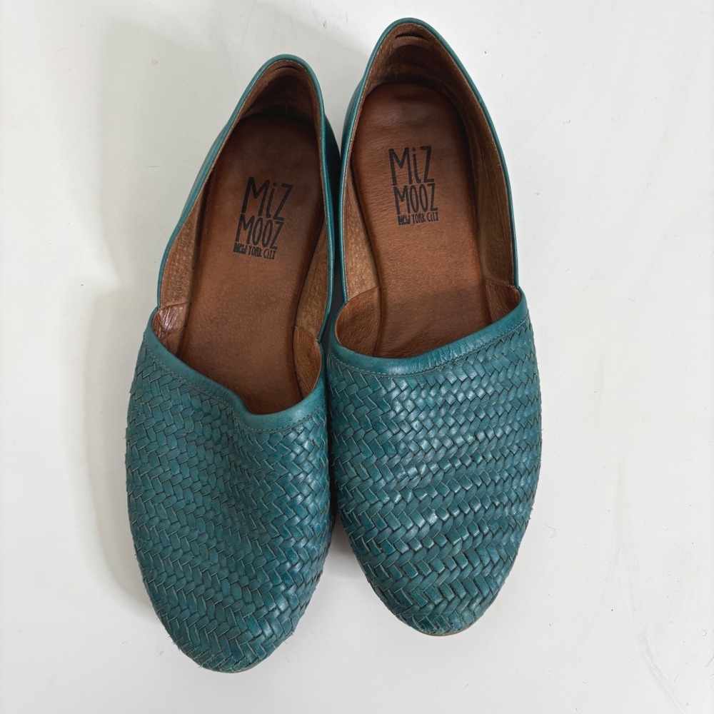 Miz Mooz Teal Green Blue Woven Leather Flats 39 Womens Slip On Shoes Loafers